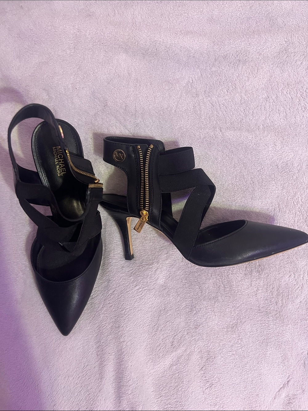 Michael Kors Black Pointed-Toe Strappy Kitten Heels with Gold Zip
